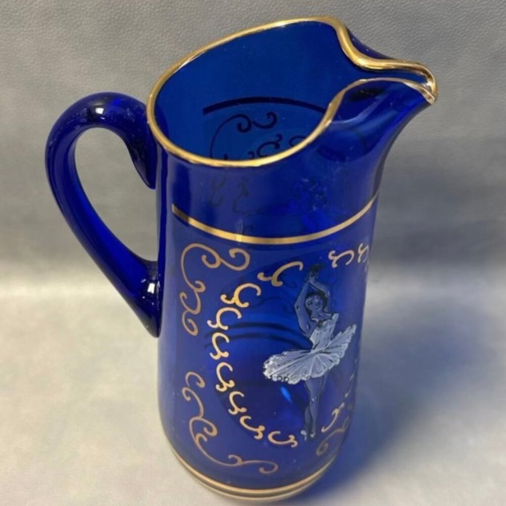 Rare Czech Bohemian Cobalt Blue Hand Painted Ballerina Glass Pitcher